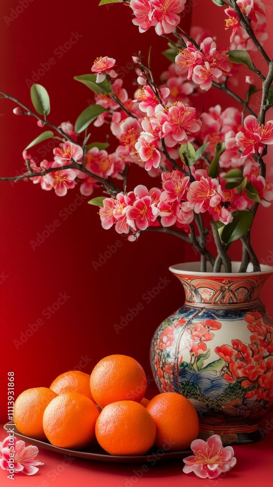 Chinese New Year Decorations with Red Background and Oranges Chinese New Year Decorations with Red Background and Oranges