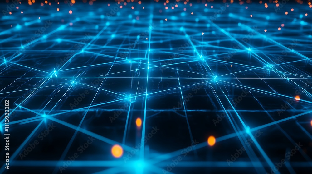Obraz premium Futuristic Digital Grid with Glowing Blue Nodes and Lines Creating a Network Connectivity Concept
