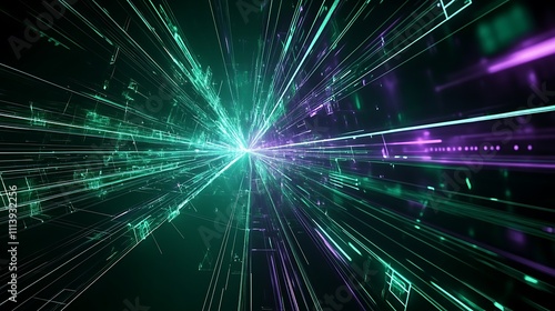 Futuristic Digital Explosion of Lights with Green and Purple Color Combinations in a Dark Background