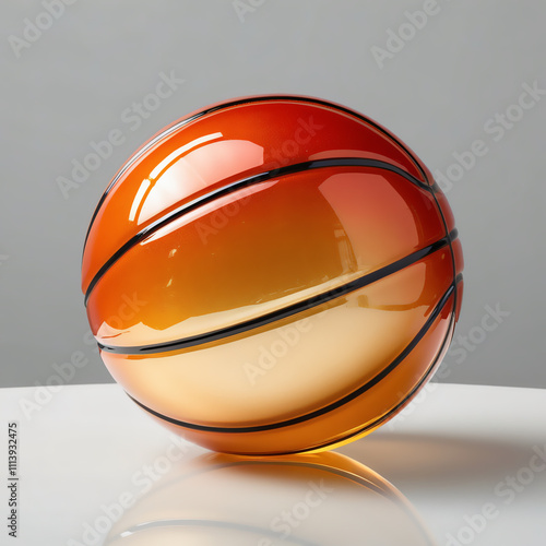 Glass basketball sculpture with orange gradient and etched lines on light gray background, generative ai