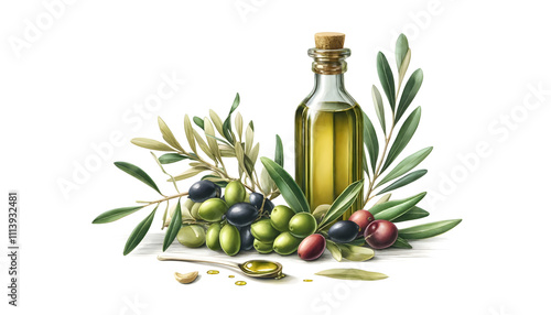 Fototapeta Naklejka Na Ścianę i Meble -  オリーブオイルとオリーブの枝の水彩イラスト

