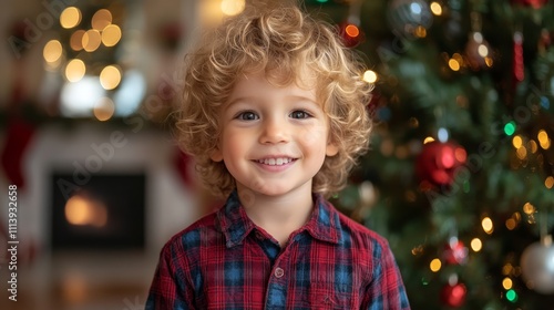 Smiling child in Christmas setting with festive lights