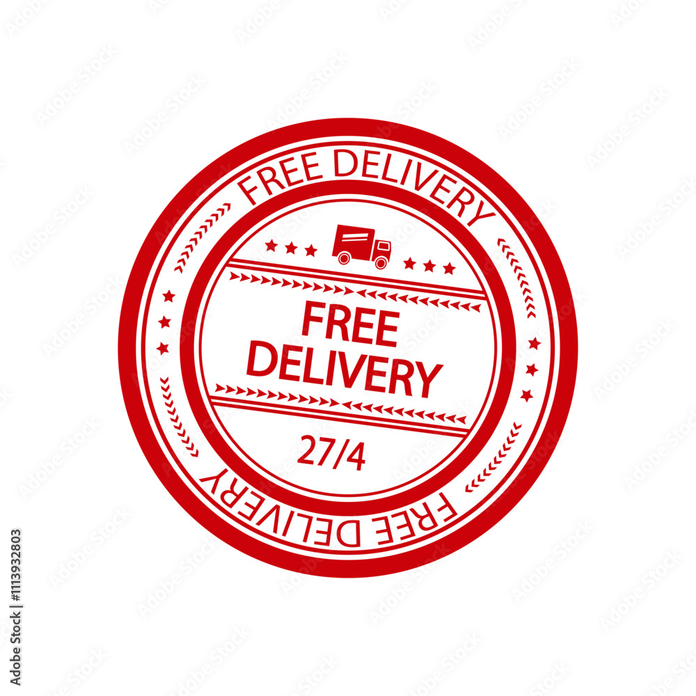 Free delivery grunge red round rubber stamp with truck icon Free delivery grunge red round rubber stamp with truck icon