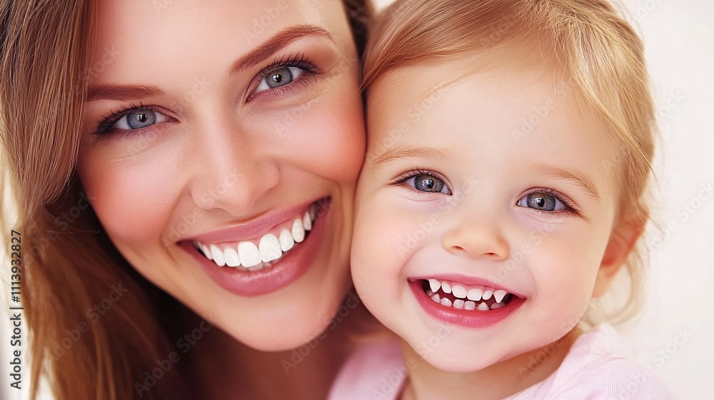 Happy mother and daughter smiling showing healthy white teeth Happy mother and daughter smiling showing healthy white teeth