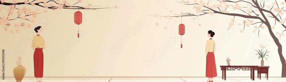Serene Landscape with Traditional Chinese Figures and Lanterns Serene Landscape with Traditional Chinese Figures and Lanterns