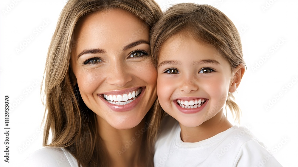 Mother and daughter are smiling, showing their perfect white teeth Mother and daughter are smiling, showing their perfect white teeth