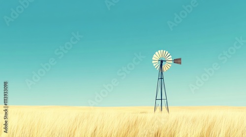 Windmill stands tall in a golden wheat field under a blue sky