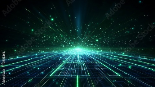 Futuristic Digital Landscape with Bright Particles and Lines in a Dark Space Environment
