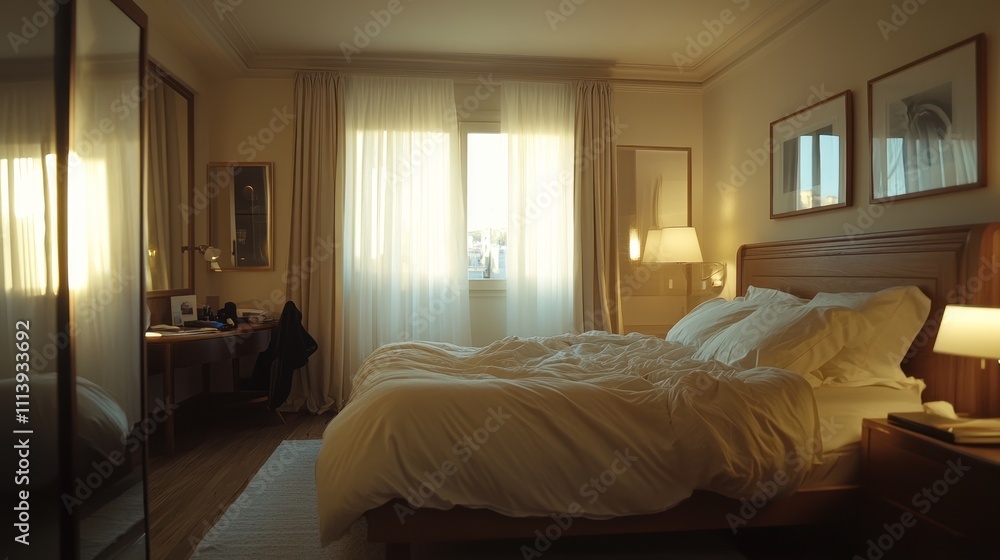Sunlit Bedroom With Unmade Bed And Wooden Furniture Sunlit Bedroom With Unmade Bed And Wooden Furniture