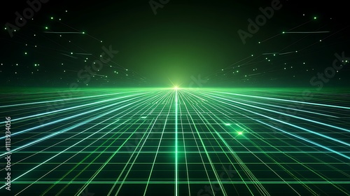 Wallpaper Mural Futuristic digital landscape with glowing grid lines and light beams in vibrant green hues Torontodigital.ca