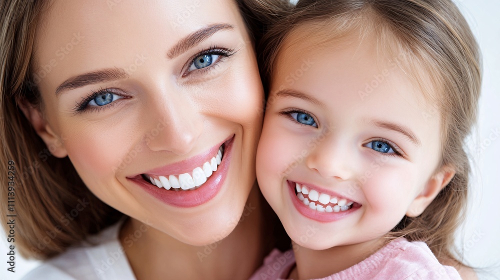 Mother and daughter smiling, showing healthy white teeth Mother and daughter smiling, showing healthy white teeth