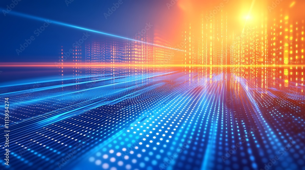 Futuristic Digital Landscape with Glowing Line Patterns and Bright Light Effects in Blue and Orange Tones Futuristic Digital Landscape with Glowing Line Patterns and Bright Light Effects in Blue and Orange Tones