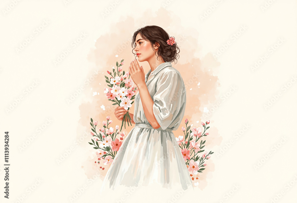 Portrait of a woman in a dress holding flowers, serene and elegant mood, floral background Portrait of a woman in a dress holding flowers, serene and elegant mood, floral background