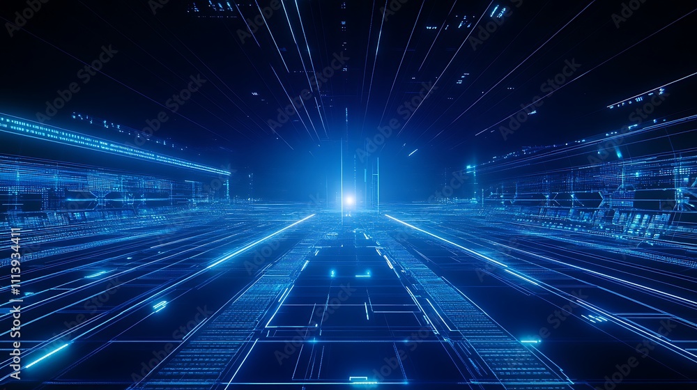 Futuristic Digital Landscape with Glowing Lines and Light Rays Merging in a High-Tech Environment Futuristic Digital Landscape with Glowing Lines and Light Rays Merging in a High-Tech Environment