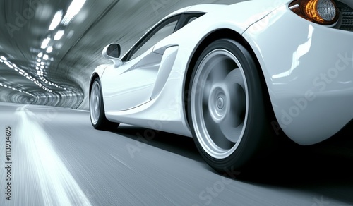 An image of a silver car moving rapidly in a tunnel, showcasing motion blur and high-speed photography, with a blurred background and a dark grey and white color scheme.