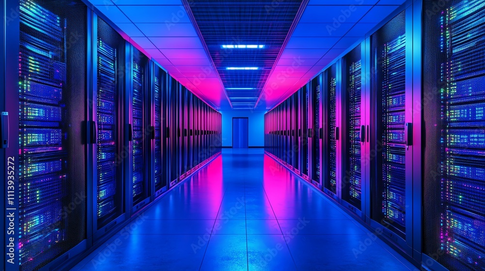 A long hallway with rows of servers on either side, the walls are lit with blue and purple neon lights. A long hallway with rows of servers on either side, the walls are lit with blue and purple neon lights.