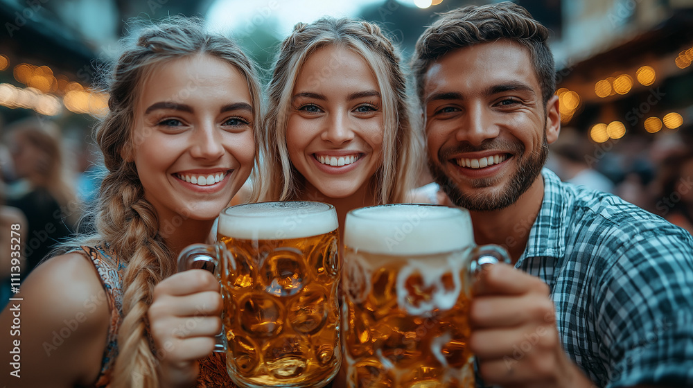 Three friends toasting with beer mugs at a festive event. Three friends toasting with beer mugs at a festive event.