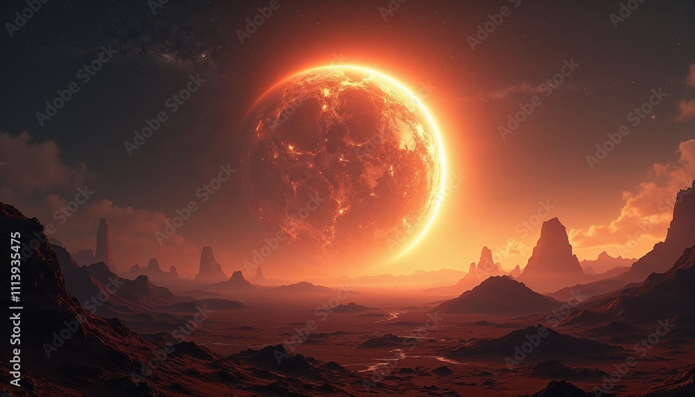 Fantastical red planet rising over alien desert landscape Fantastical red planet rising over alien desert landscape