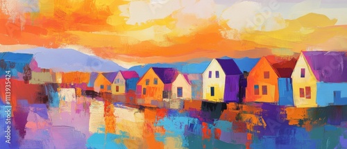 Vibrant Colorful Houses by Water at Sunset - Abstract Painting of Scenic Coastal Village with Reflections and Warm Tones photo