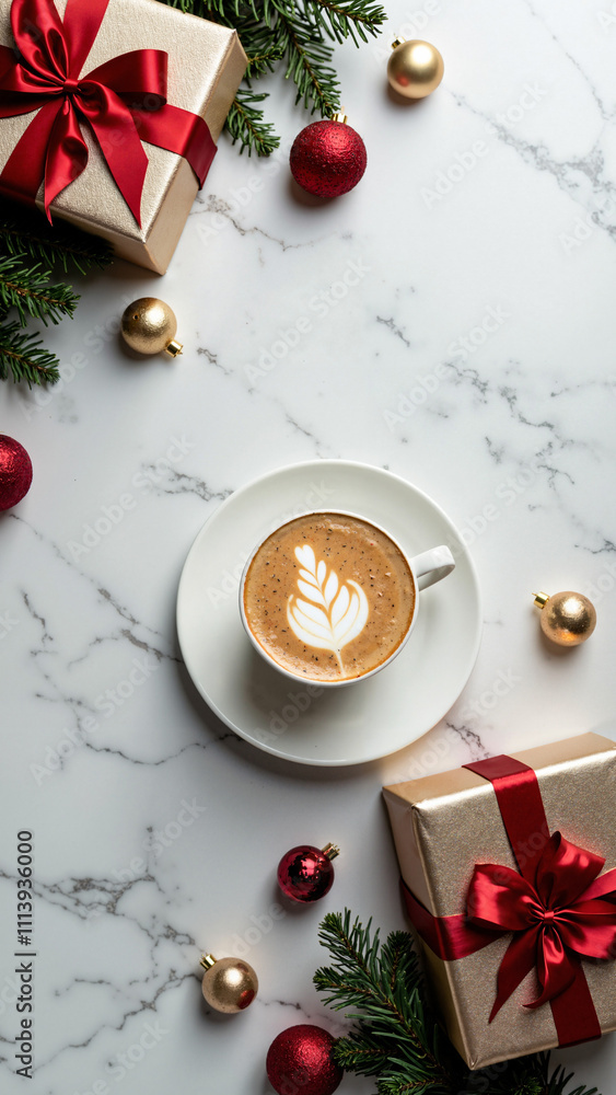 Festive Latte Art on Marble: Holiday Coffee Scene with Gift Box and Ornaments for Christmas Marketing Festive Latte Art on Marble: Holiday Coffee Scene with Gift Box and Ornaments for Christmas Marketing