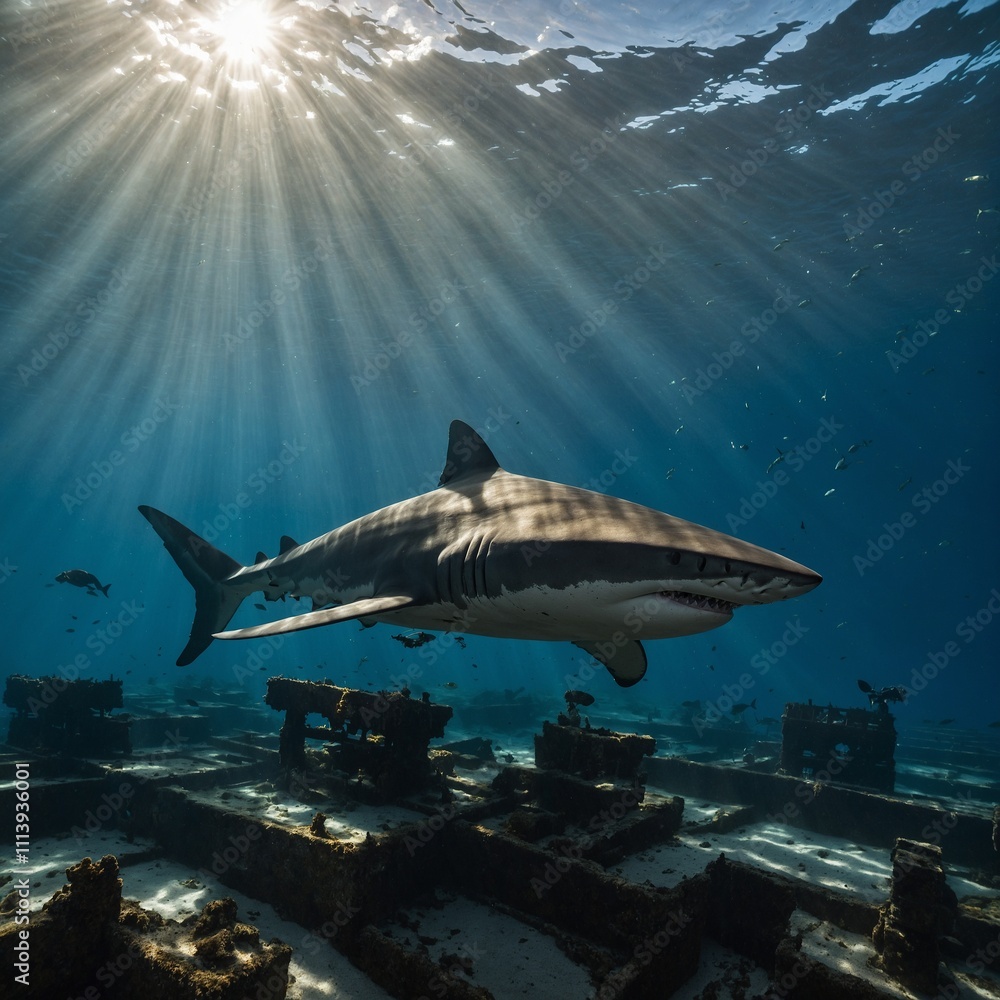 Fototapeta premium A shark gliding through a shipwreck with sun rays piercing through the water.