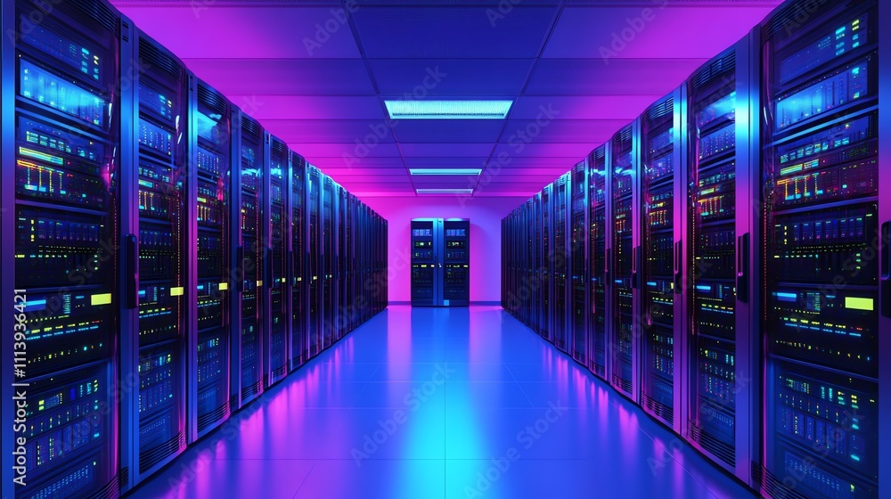 A server room with rows of servers lit with blue and purple lights. A server room with rows of servers lit with blue and purple lights.