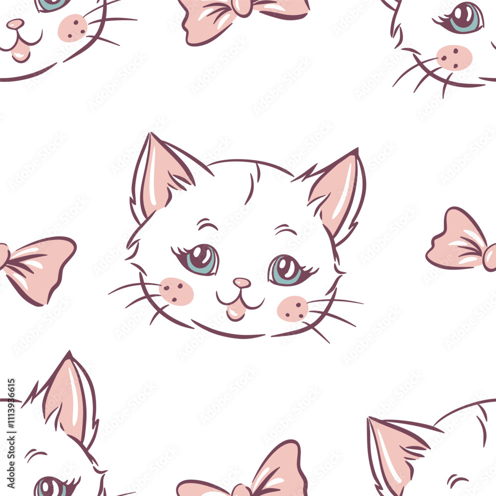 Hand drawn seamless pattern with cute cat faces with bows in pastel colors, kids kitten design vector illustration Hand drawn seamless pattern with cute cat faces with bows in pastel colors, kids kitten design vector illustration