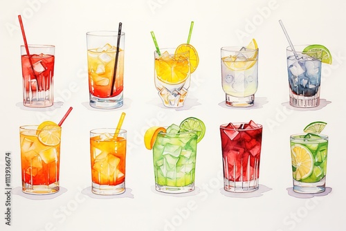 Orange, apple, lemon, avocado, peach and pomegranate drinks in glasses, set of summer watercolor juices in watercolor style
