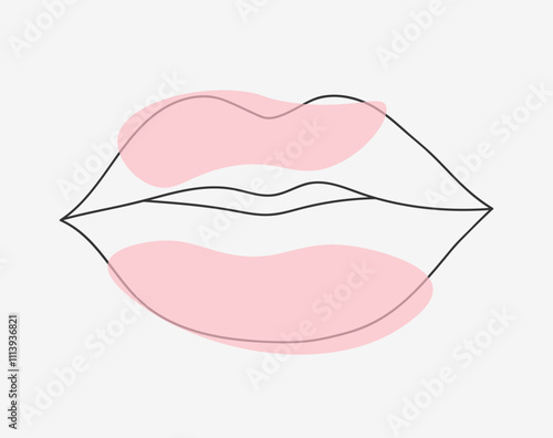 Line drawing of female lips with nude pink lipstick. Beautiful logo of female lips. Soft colors. Concept for logo, card, banner, poster, flyer. Vector