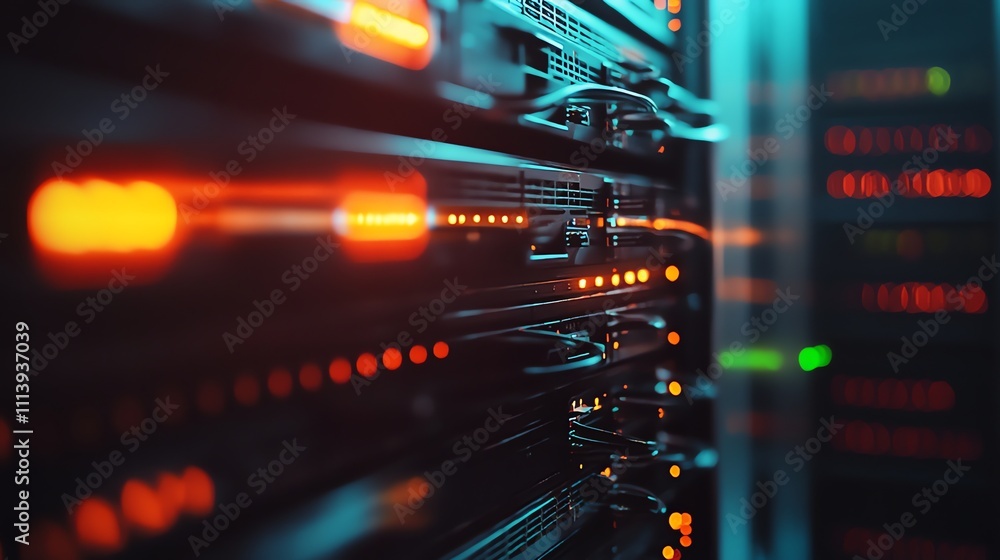 Obraz premium Close-up of server racks with blinking orange and blue lights in a data center.