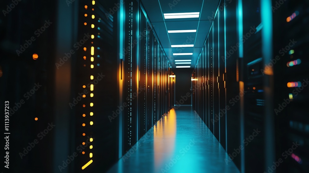 Fototapeta premium A long, narrow hallway in a server room, lit by blue and orange lights.