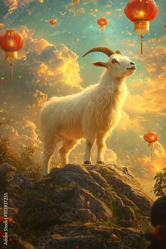 chinese zodiac sign.Majestic Goat at Sunset with Lanterns 