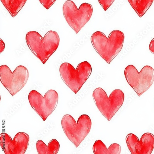 A repeating watercolor pattern of red hearts for Valentine's Day, isolated on white, suitable for use on textiles and wrapping paper.