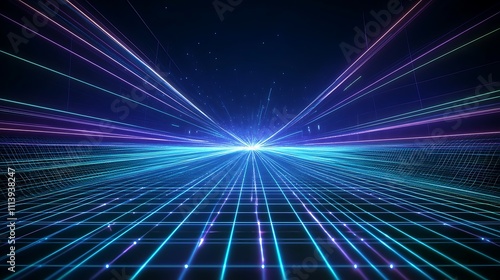 Futuristic digital landscape with vibrant light trails and grid patterns creating a sense of depth and motion