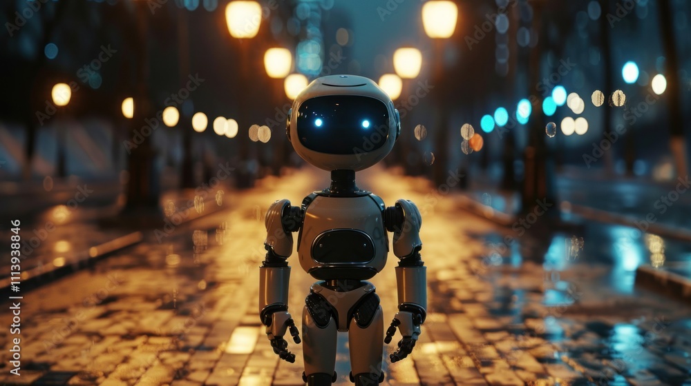 Humanoid robot standing alone on the street at night with lamp lighting, AI generated image Humanoid robot standing alone on the street at night with lamp lighting, AI generated image