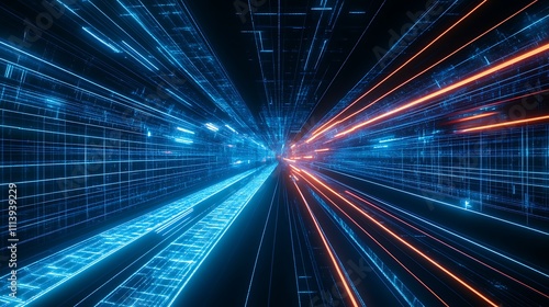 Wallpaper Mural Futuristic Digital Tunnel with Bright Streamlines and Abstract Light Effects in Blue and Orange Torontodigital.ca