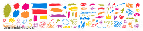 Childish style doodles. Bright color outlined chalk trees, clouds, rainbow, flowers, snow and rain. Hand drawn graffiti abstract symbols. Various vector pastel kindergarten art season weather elements
