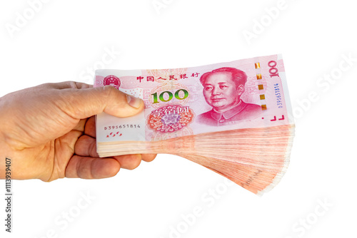 Businessman hand wearing suit holding Renminbi money fan isolated on white background top view photo