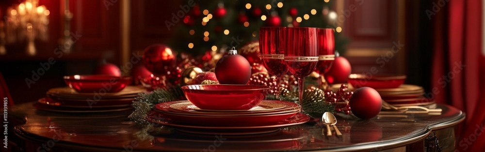 Elegant Christmas Table with Red and Gold Holiday Decor Elegant Christmas Table with Red and Gold Holiday Decor