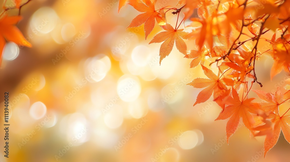 Fototapeta premium Close up of orange fall leaves against a blurred background.