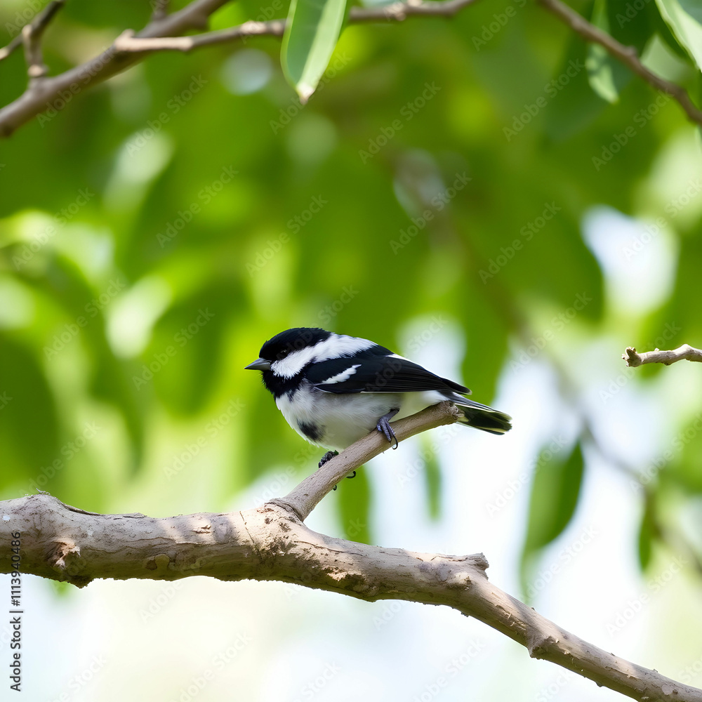 Fototapeta premium Black and white abstract picture with a raven bird sitting on a tree branch