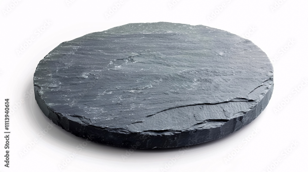 Round Slate Board: A round slate board isolated on a white background, useful for food presentation or labeling. Round Slate Board: A round slate board isolated on a white background, useful for food presentation or labeling.