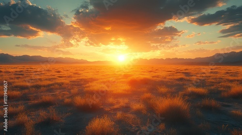 Vibrant sunset over a vast, golden grassland and distant mountains.