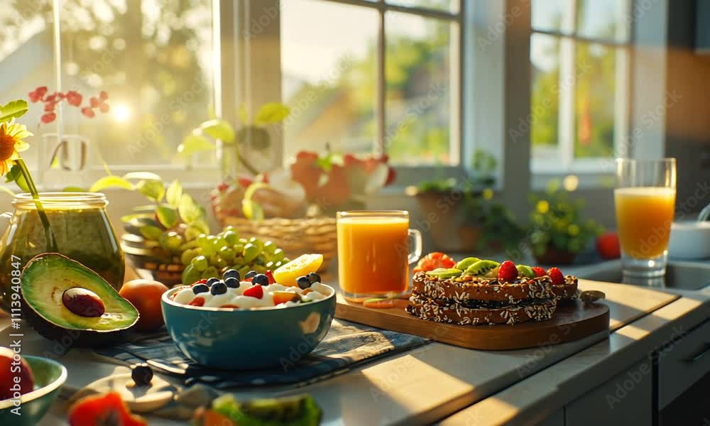A sunlit kitchen scene with fresh fruits, smoothies, and a healthy breakfast spread. A sunlit kitchen scene with fresh fruits, smoothies, and a healthy breakfast spread.