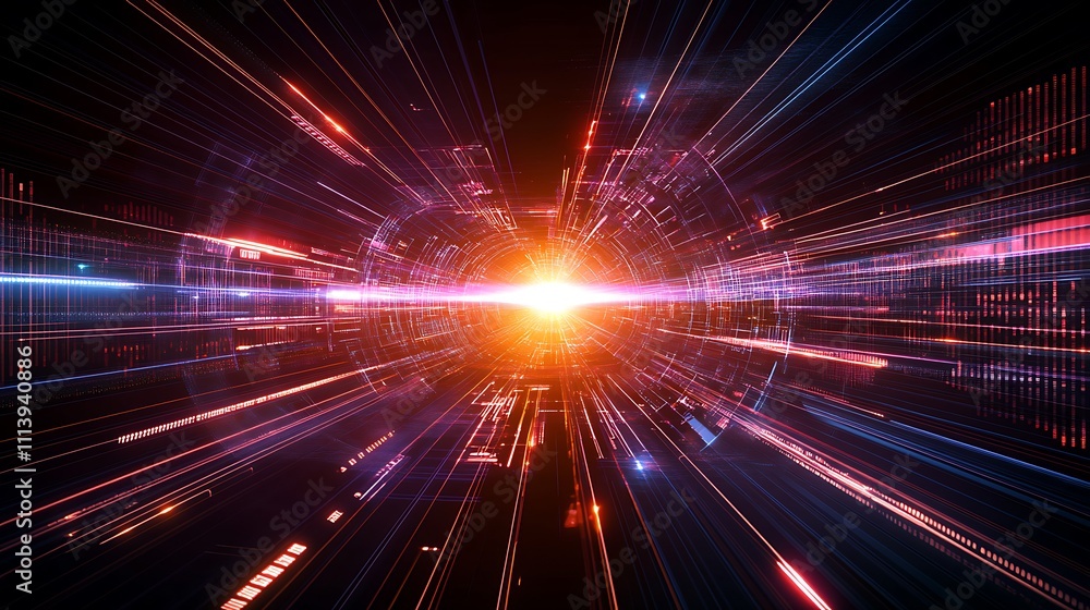 Obraz premium Futuristic Heart Design with Colorful Rays of Light and Fractal Patterns in Space Environment
