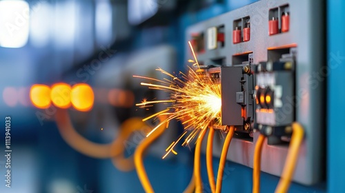 Danger of Damaged Wire Concept, Damaged Wiring Sparking from Industrial Equipment in a Row of Control Panels with Electrical Hazard Risks