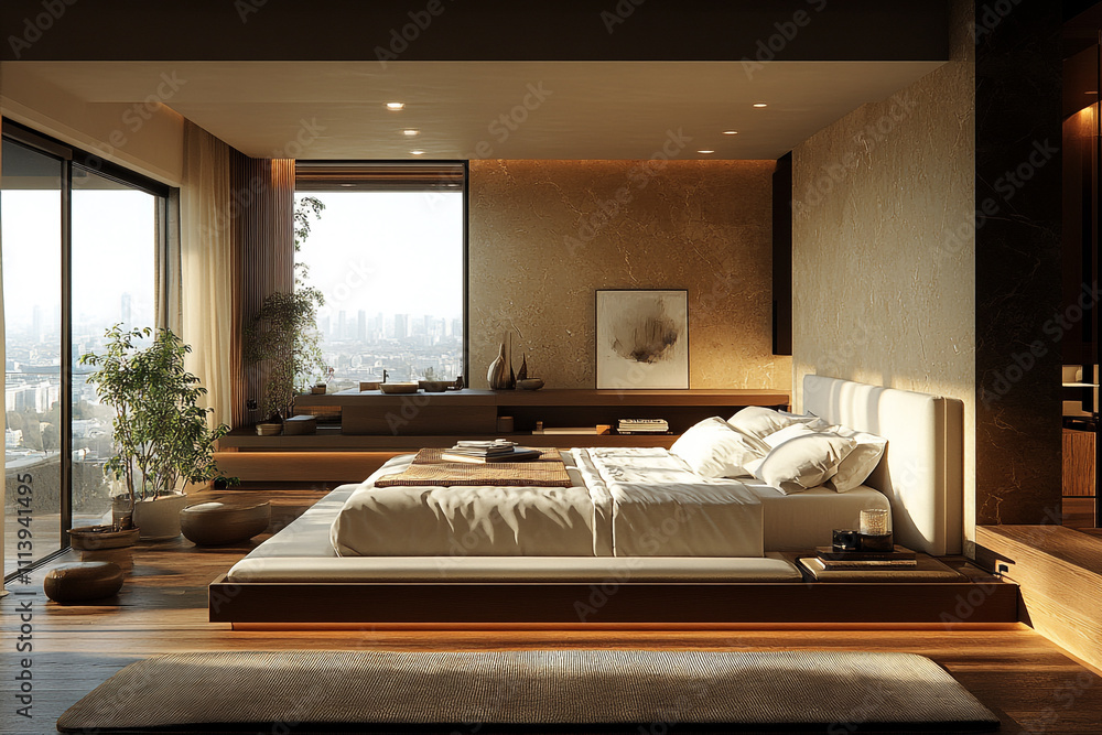 Modern Minimalist Bedroom With City View Modern Minimalist Bedroom With City View