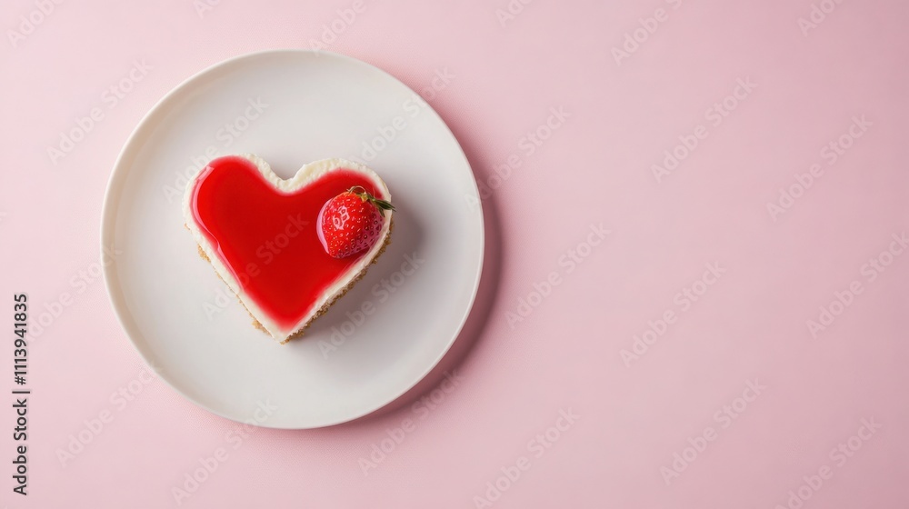 Heart shaped strawberry cake on white plate against pink background for celebration or valentine's dessert Heart shaped strawberry cake on white plate against pink background for celebration or valentine's dessert