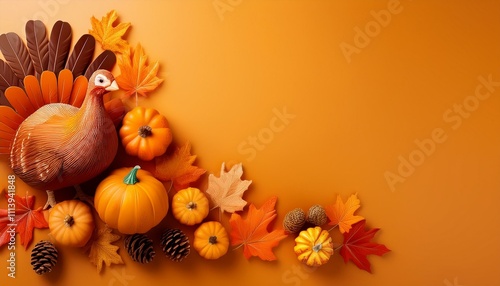 Autumn Holiday Scene with Pumpkin and Leaves photo