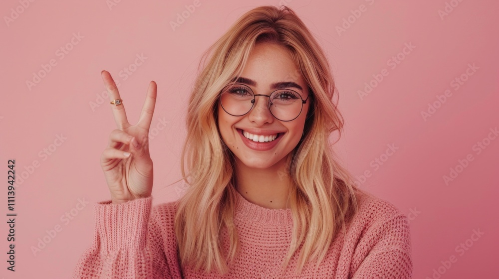 Image shows a smiling woman with blonde hair in pink sweater, holding a peace sign. Background is solid pink. Image shows a smiling woman with blonde hair in pink sweater, holding a peace sign. Background is solid pink.
